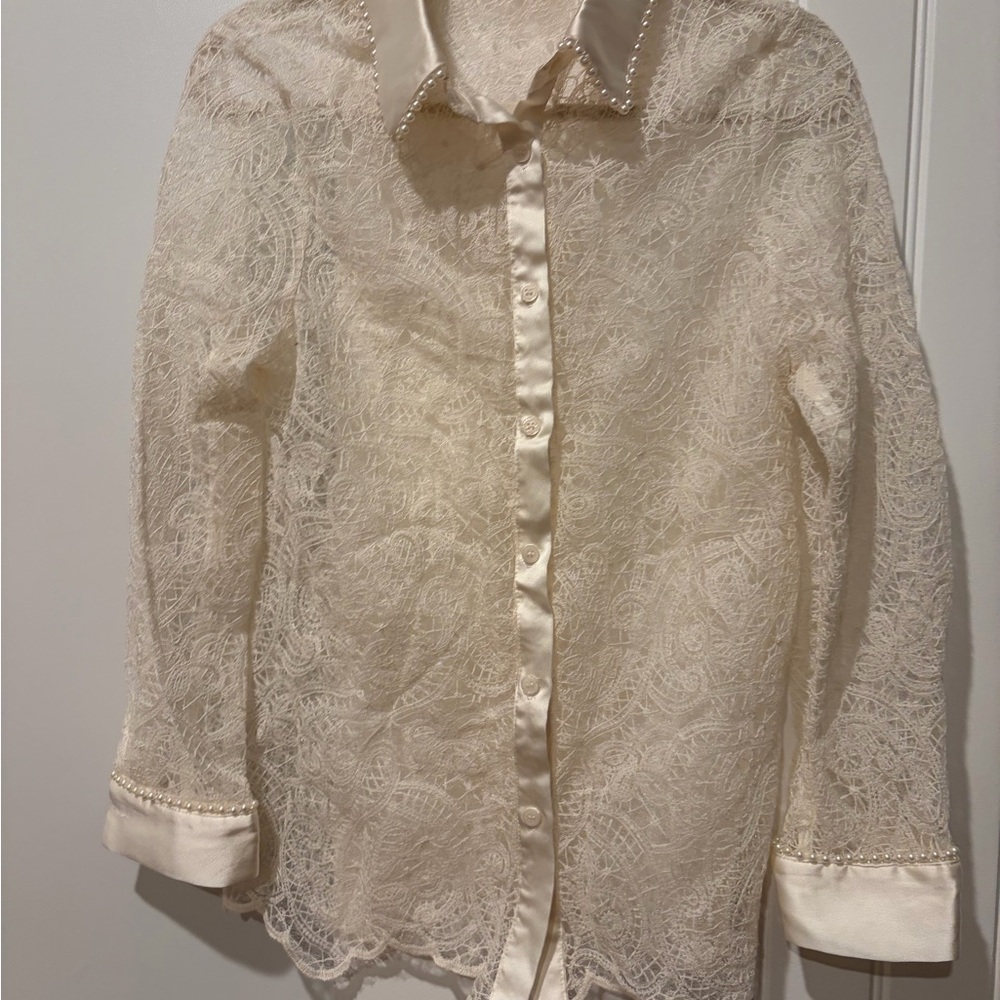 Romantic Cream Lace Women's Blouse with Pearl Trim NWOT